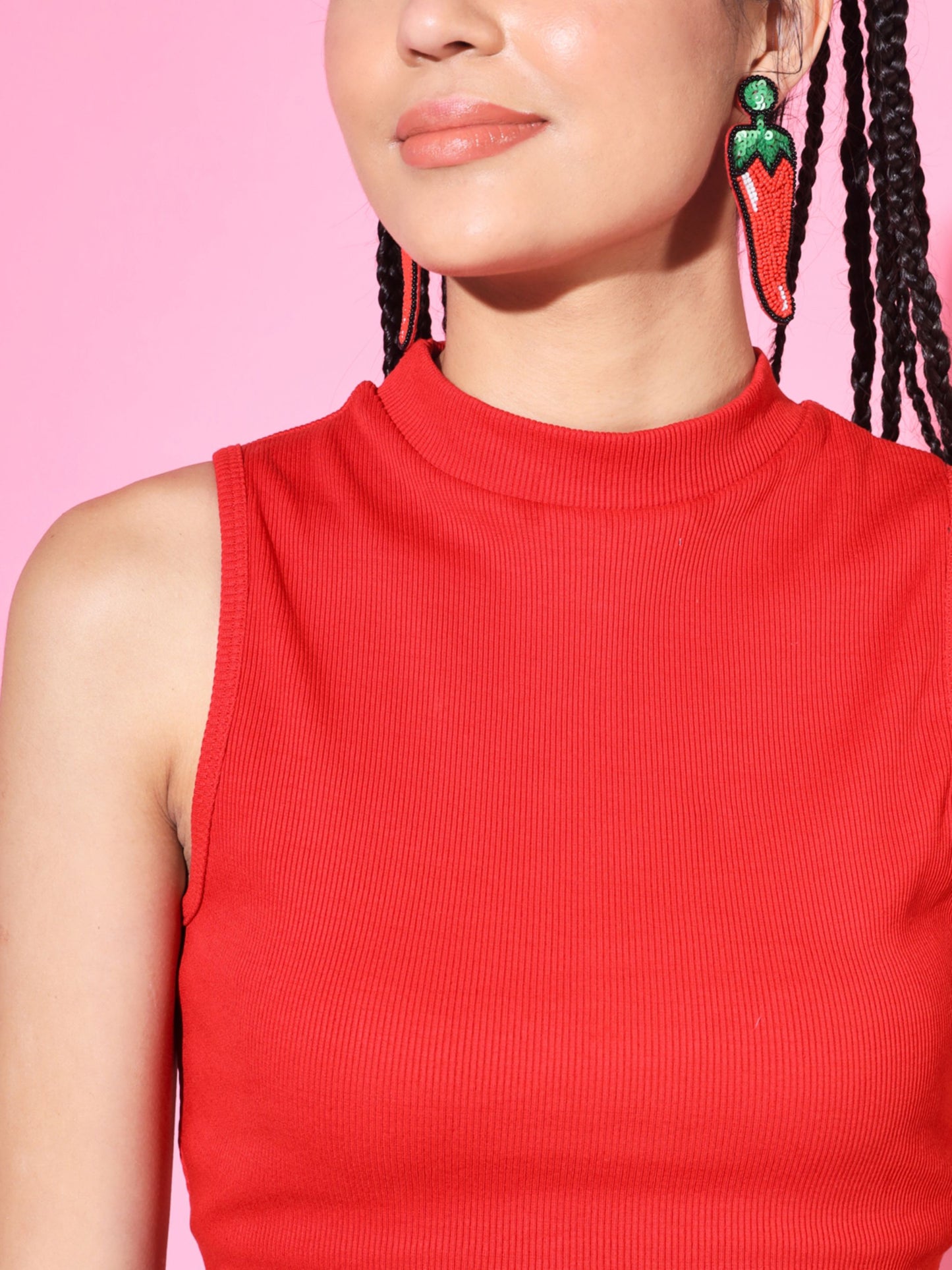 Women's Casual No Sleeve Solid Red Top