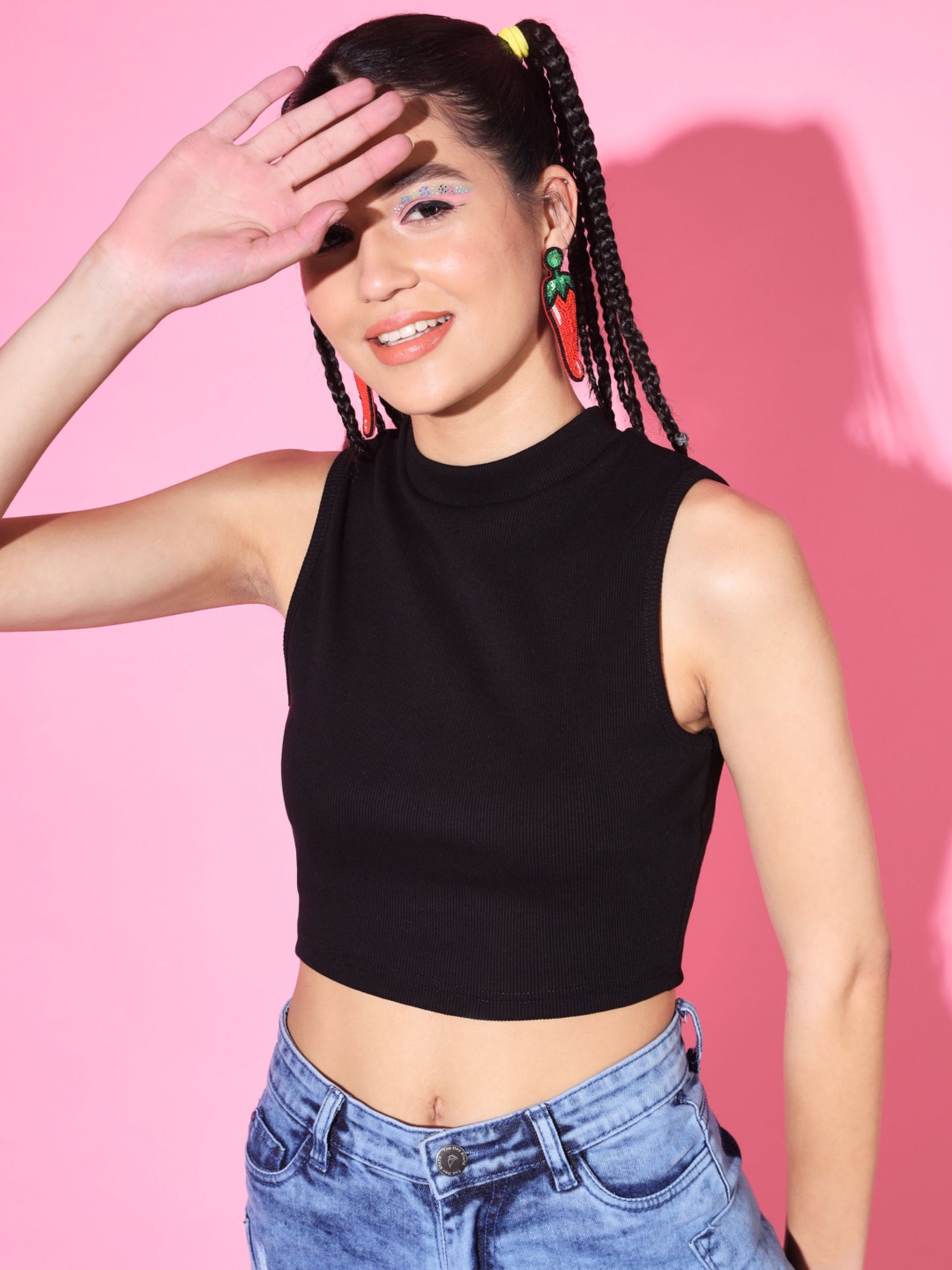 Women's Casual No Sleeve Solid Black Top