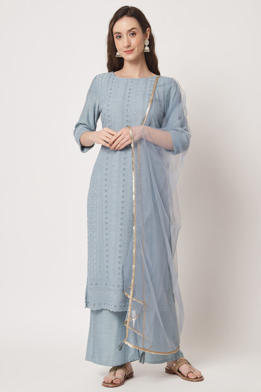 Women's  Embroidered Silk Blend Kurta and Palazzo Set