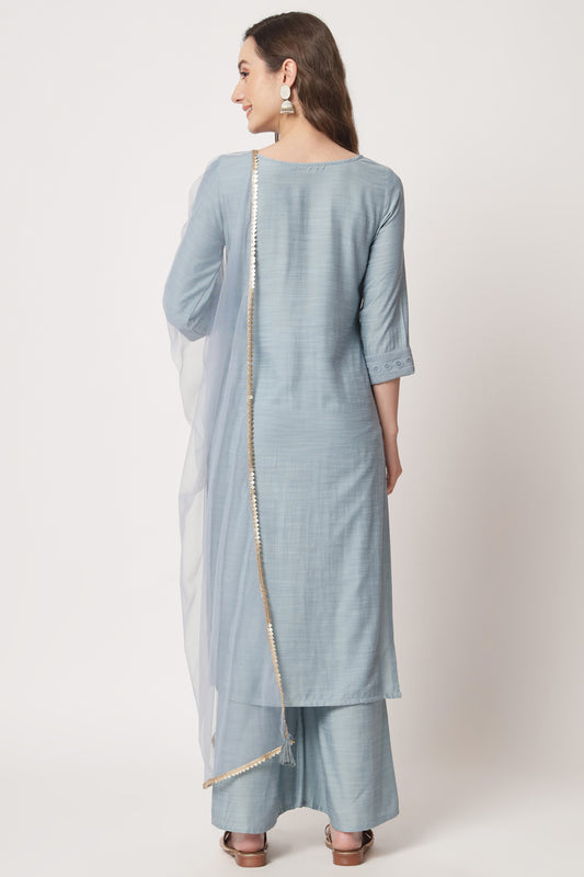 Women's  Embroidered Silk Blend Kurta and Palazzo Set