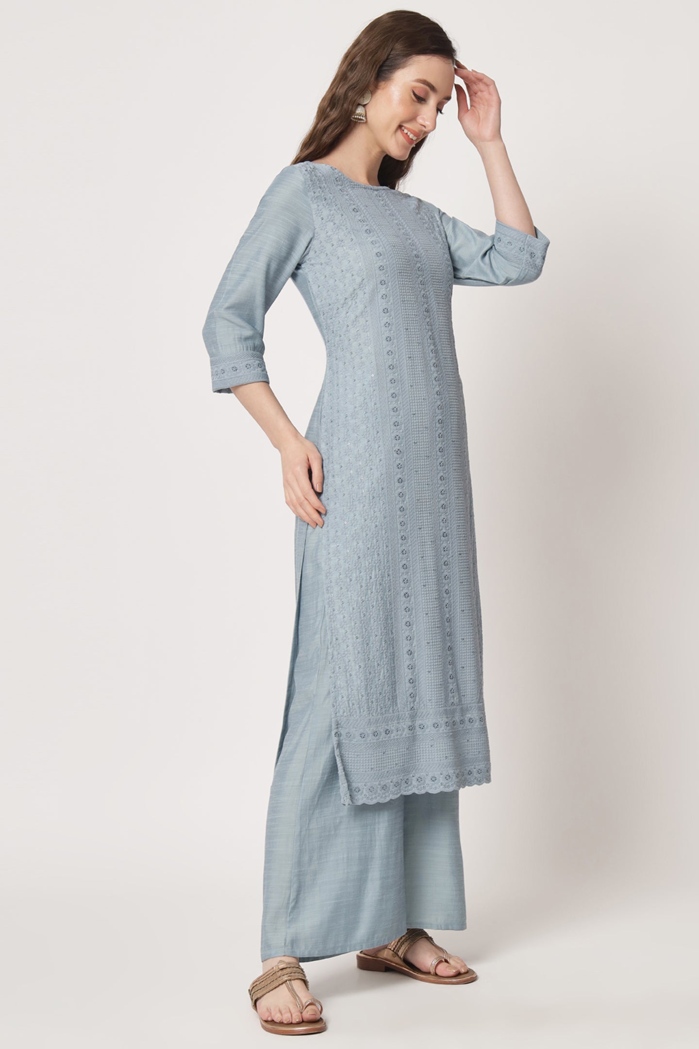 Women's  Embroidered Silk Blend Kurta and Palazzo Set