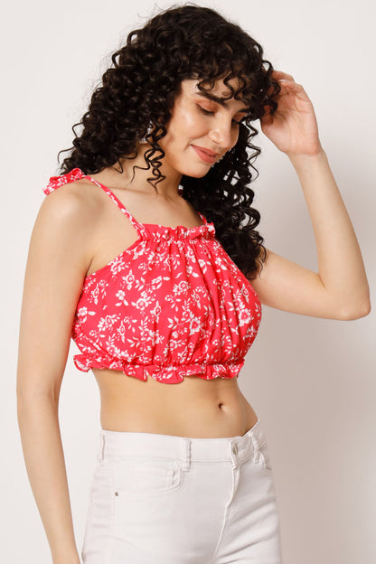 Women's  Beach Wear No Sleeve Floral Print  Hot Pink Top
