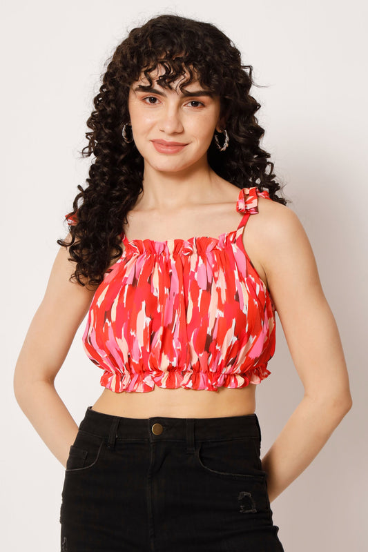 Women's Beach Wear No Sleeve Printed  Red Top