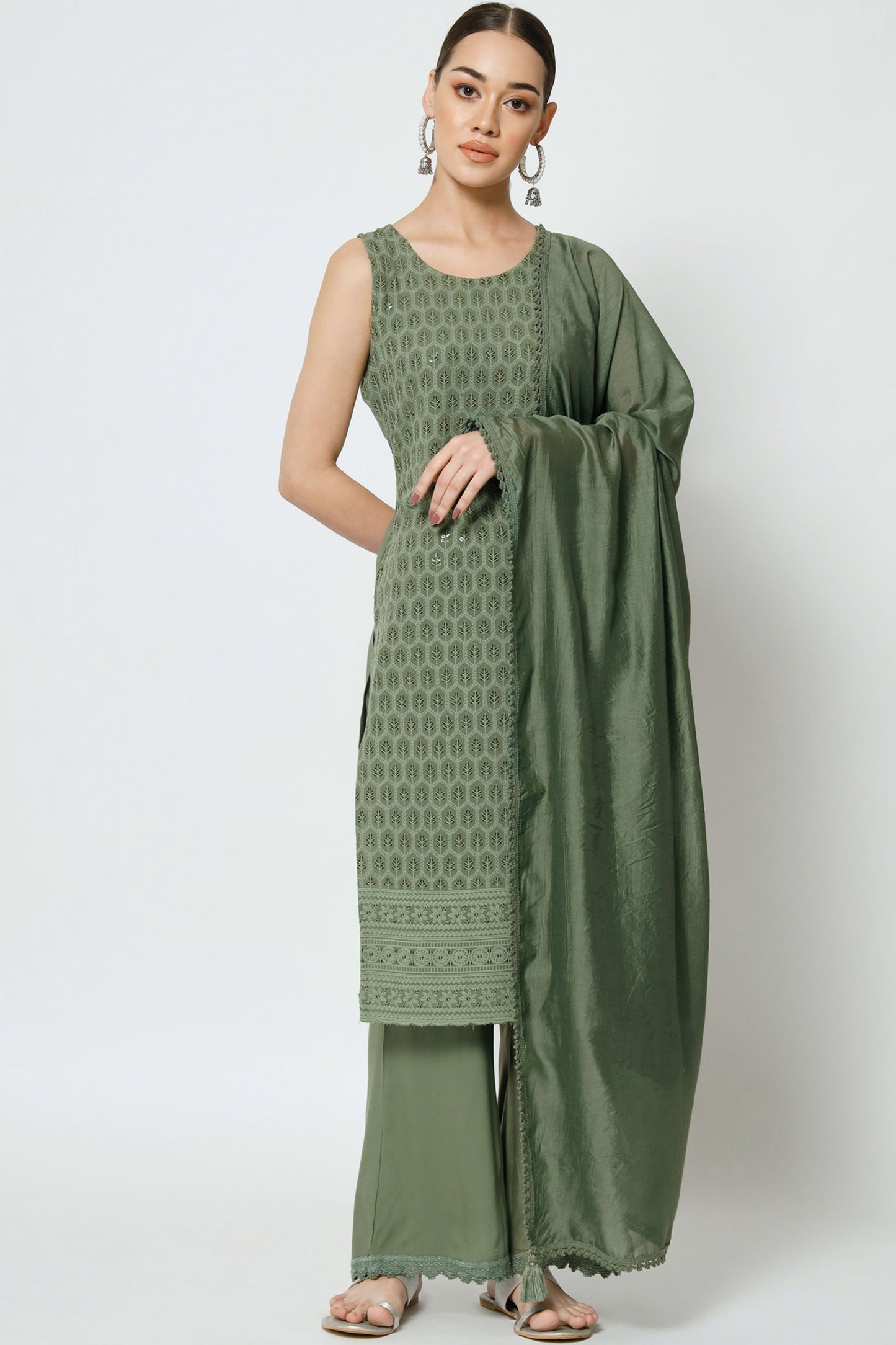 Women's Embroidered Rayon Kurta Palazzo and Dupatta Set