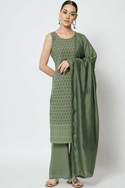 Women's Embroidered Rayon Kurta Palazzo and Dupatta Set