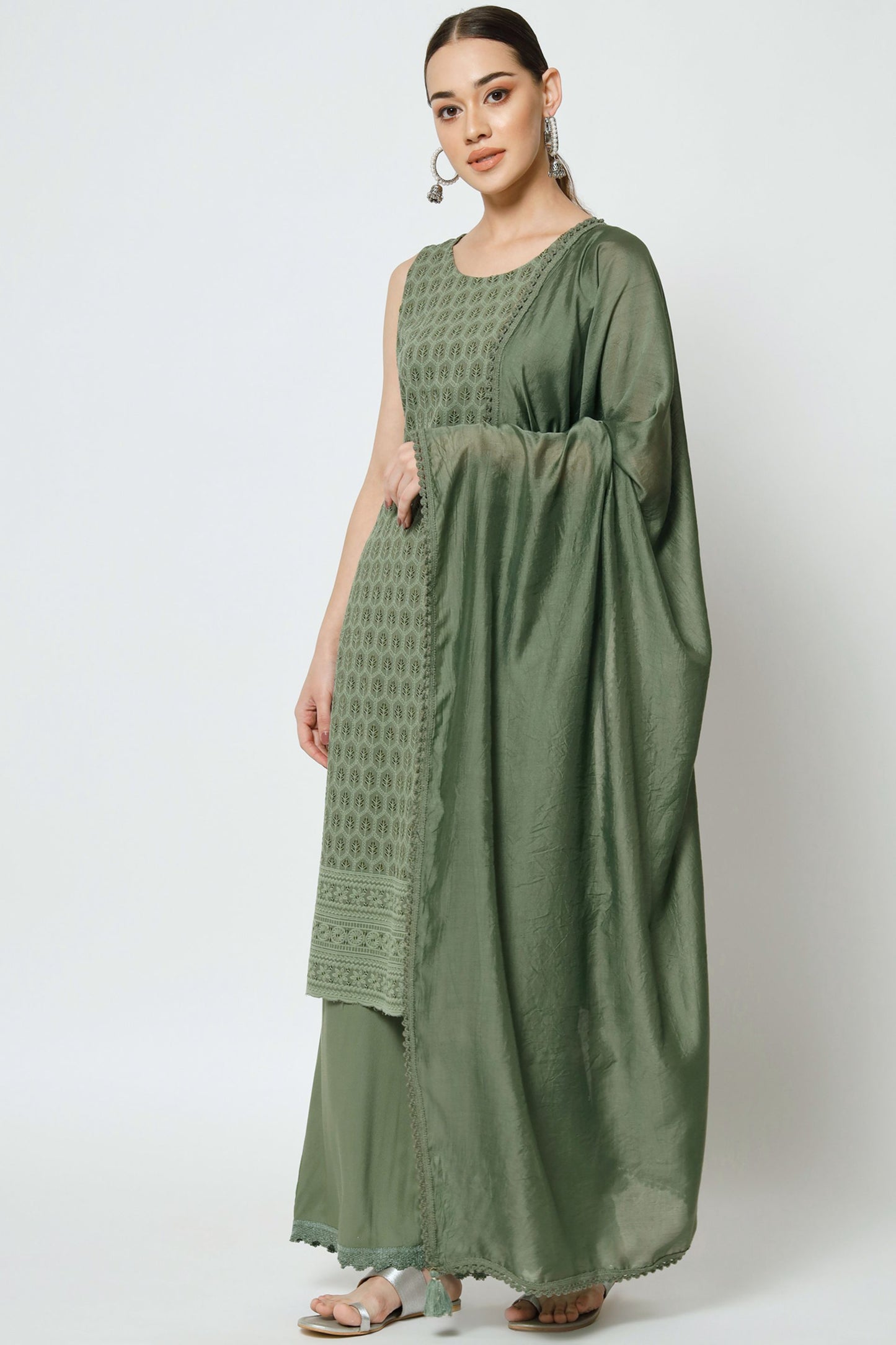 Women's Embroidered Rayon Kurta Palazzo and Dupatta Set