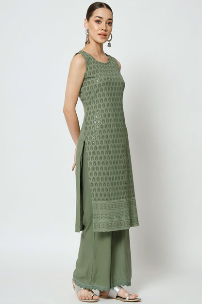 Women's Embroidered Rayon Kurta Palazzo and Dupatta Set