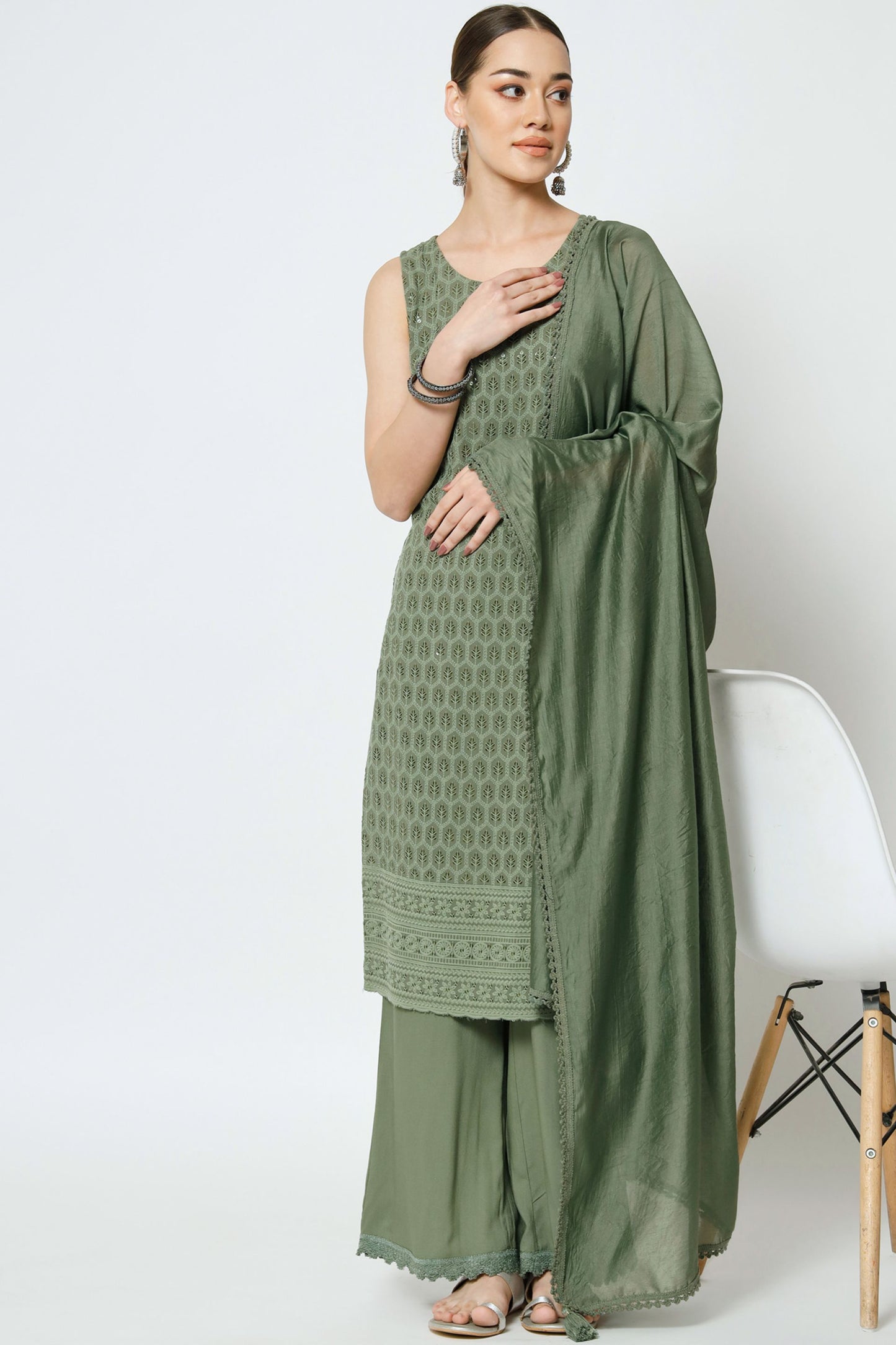 Women's Embroidered Rayon Kurta Palazzo and Dupatta Set