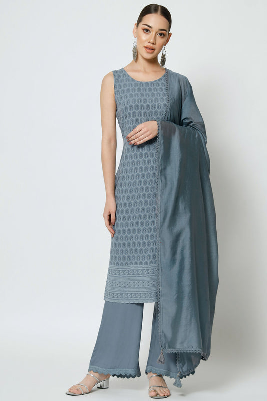 Women's Embroidered Rayon Kurta Palazzo and Dupatta Set