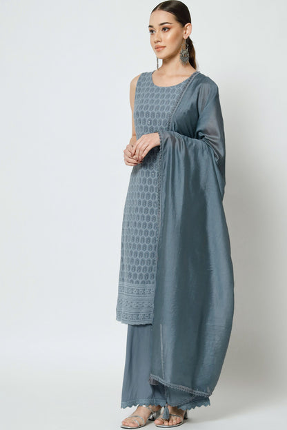 Women's Embroidered Rayon Kurta Palazzo and Dupatta Set