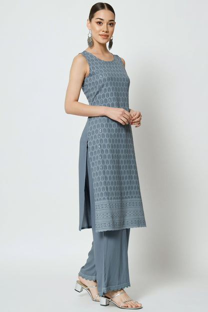 Women's Embroidered Rayon Kurta Palazzo and Dupatta Set