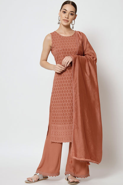 Women's  Embroidered Rayon Kurta Palazzo and Dupatta Set