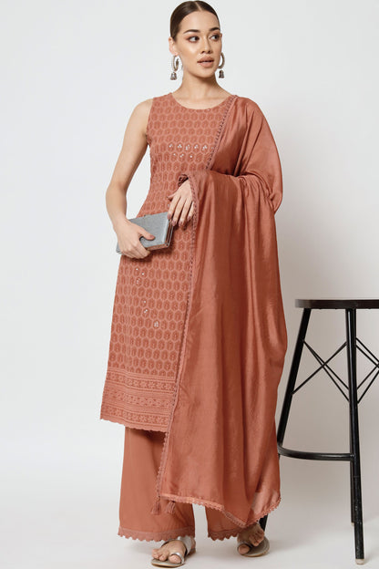 Women's  Embroidered Rayon Kurta Palazzo and Dupatta Set