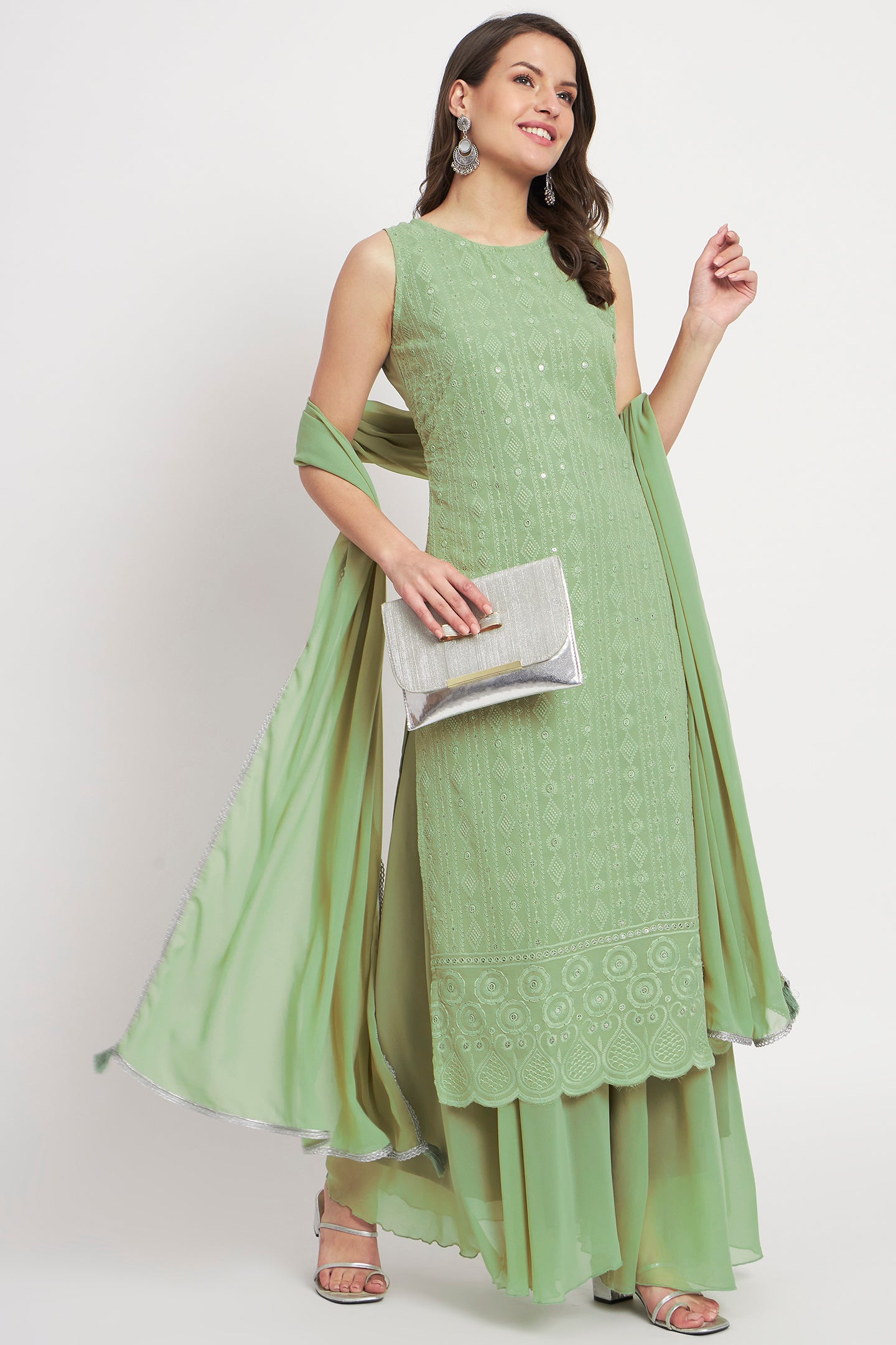 Women's Embroidered Georgette  Kurta Palazzo and Dupatta Set