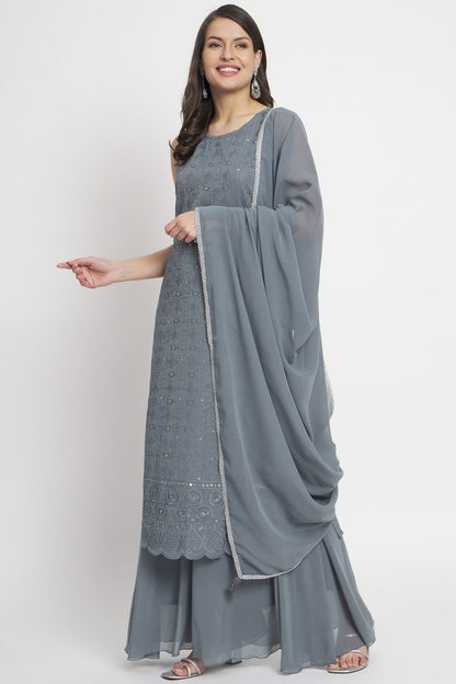 Women's Embroidered Georgette Kurta Palazzo and Dupatta Set