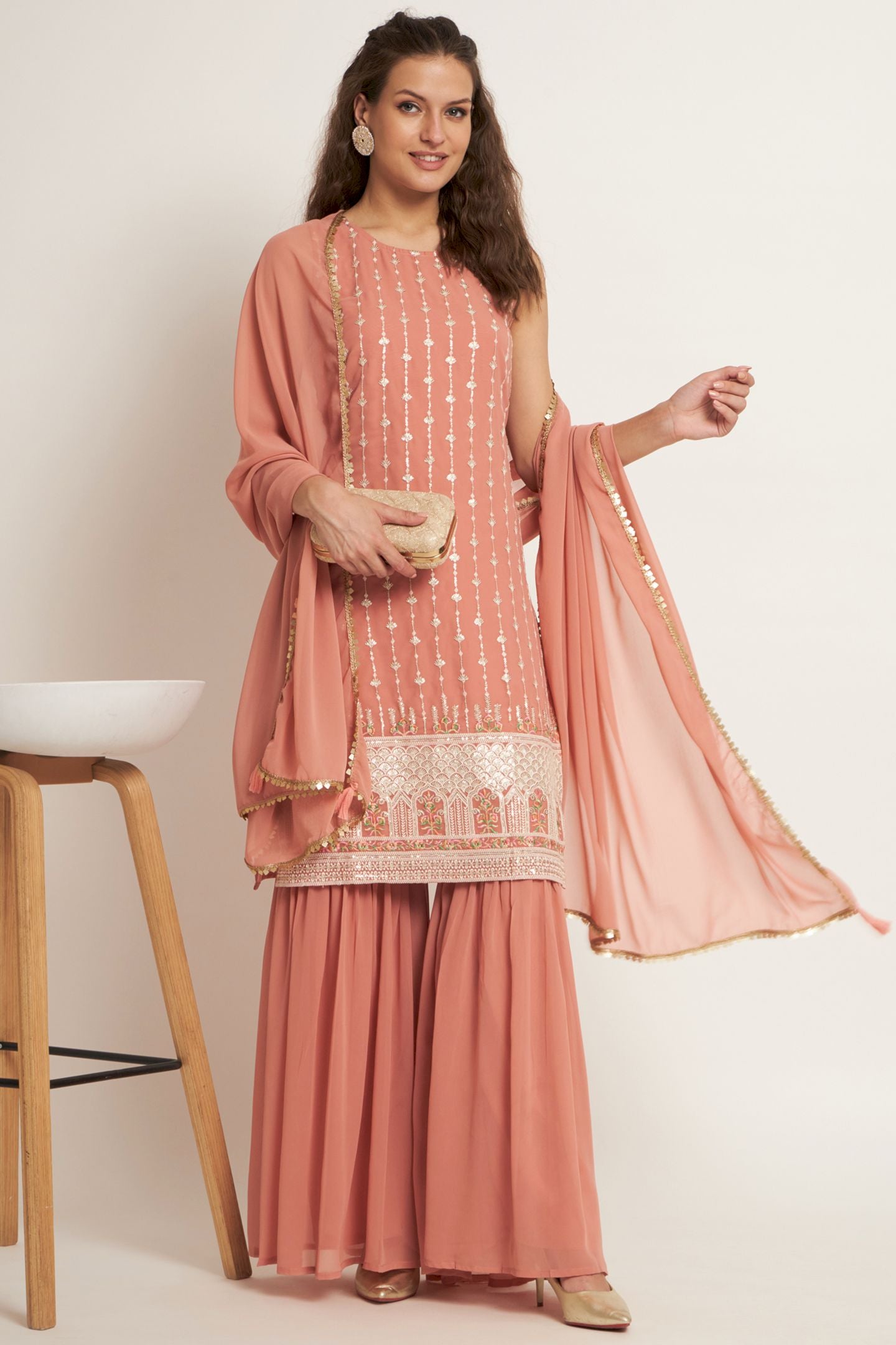 Women's Flamingo Pink Embroidered Georgette Kurta and Sharara Set