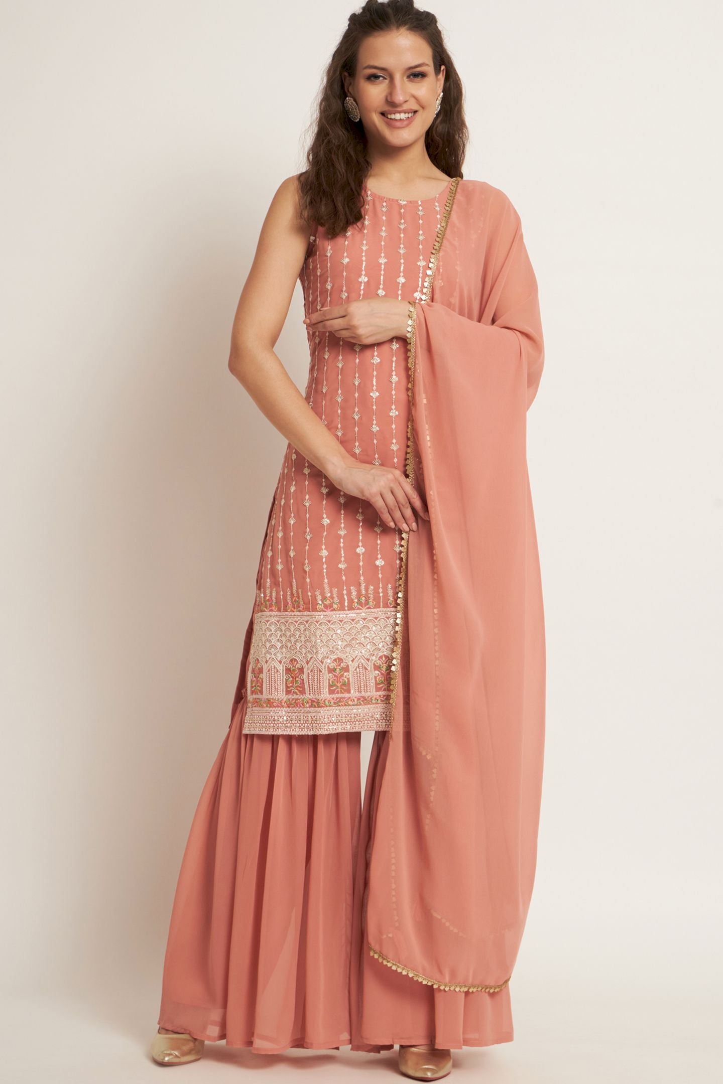Women's Embroidered Georgette  Kurta and Sharara Set