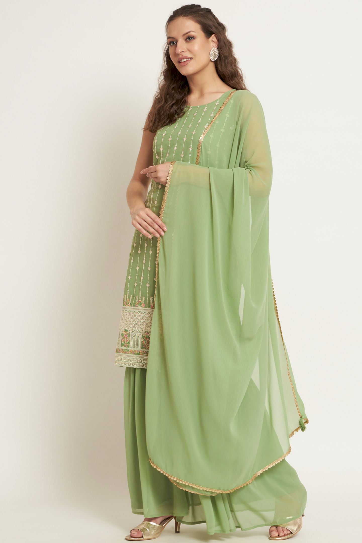 Women's Flamingo Pink Embroidered Georgette Kurta and Sharara Set