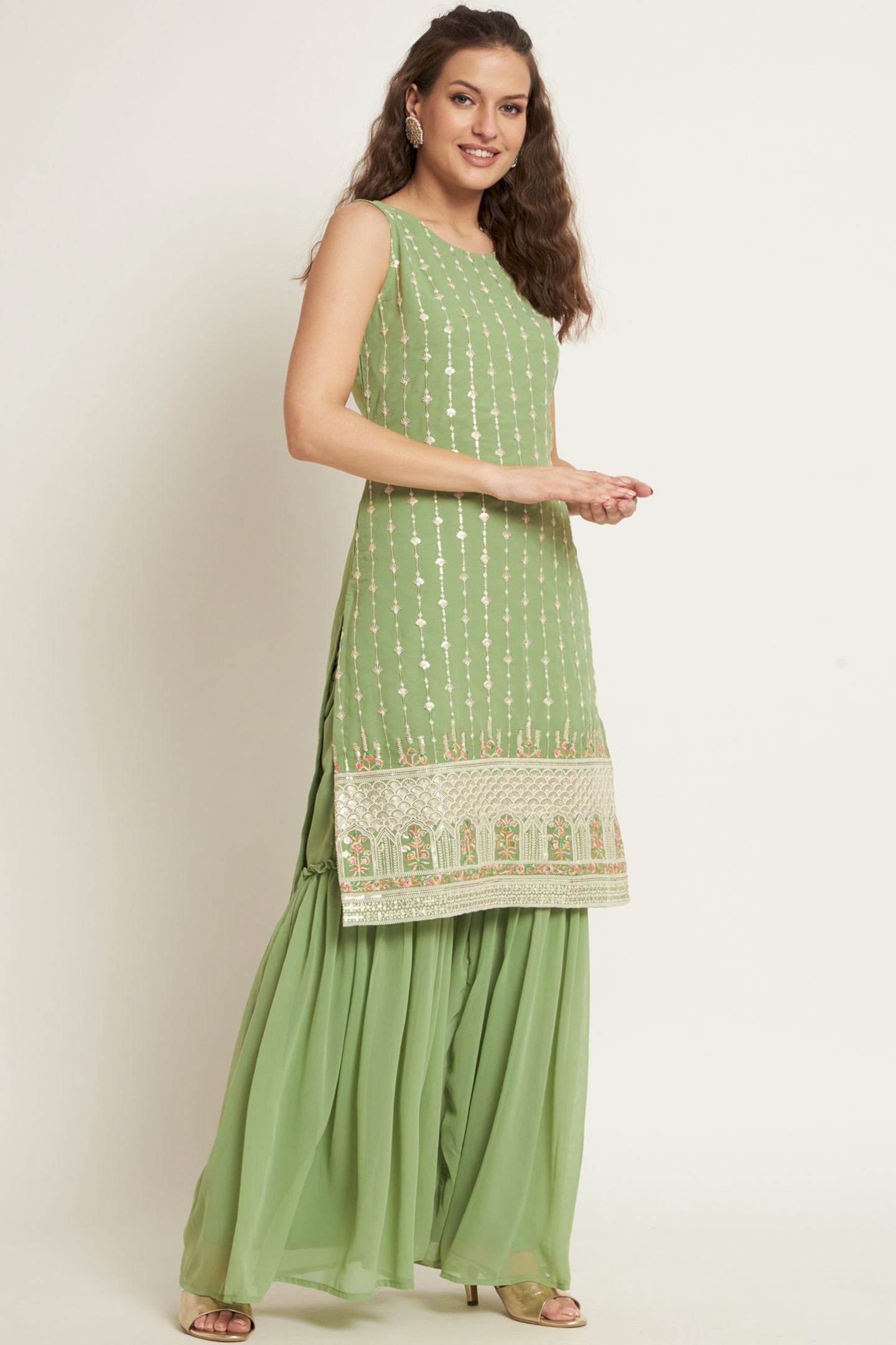 Women's Flamingo Pink Embroidered Georgette Kurta and Sharara Set