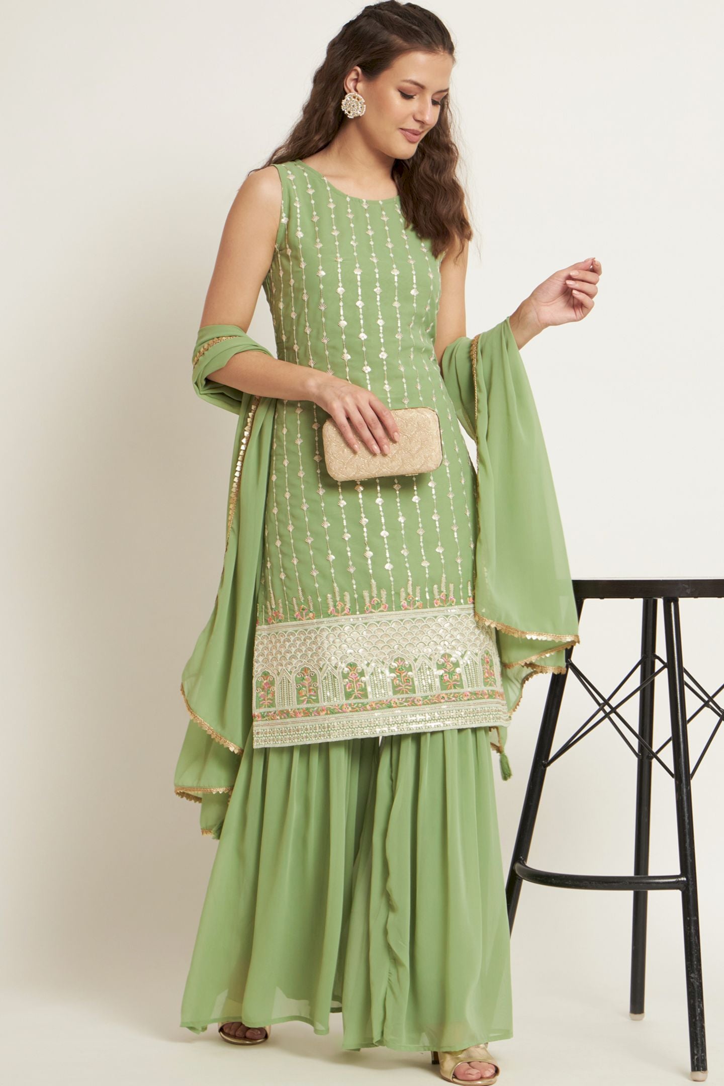 Women's Flamingo Pink Embroidered Georgette Kurta and Sharara Set