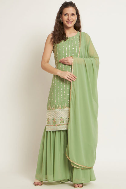 Women's Flamingo Pink Embroidered Georgette Kurta and Sharara Set