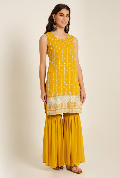 Women's Embroidered Georgette  Kurta and Sharara Set