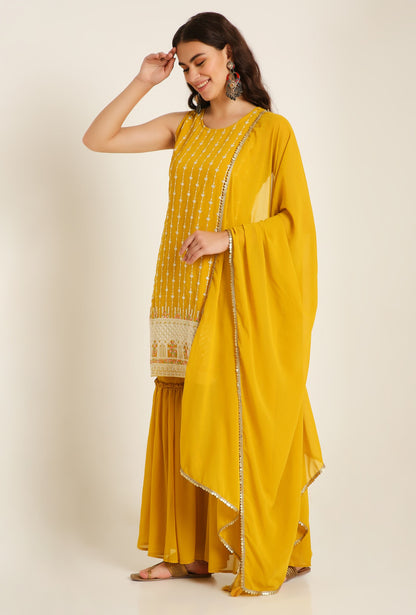 Women's Embroidered Georgette  Kurta and Sharara Set