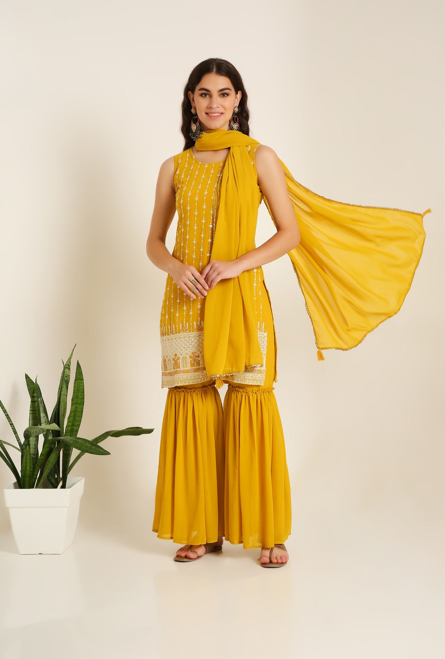 Women's Embroidered Georgette  Kurta and Sharara Set