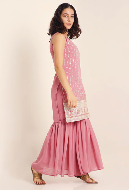 Women's Embroidered Georgette  Kurta and Sharara Set