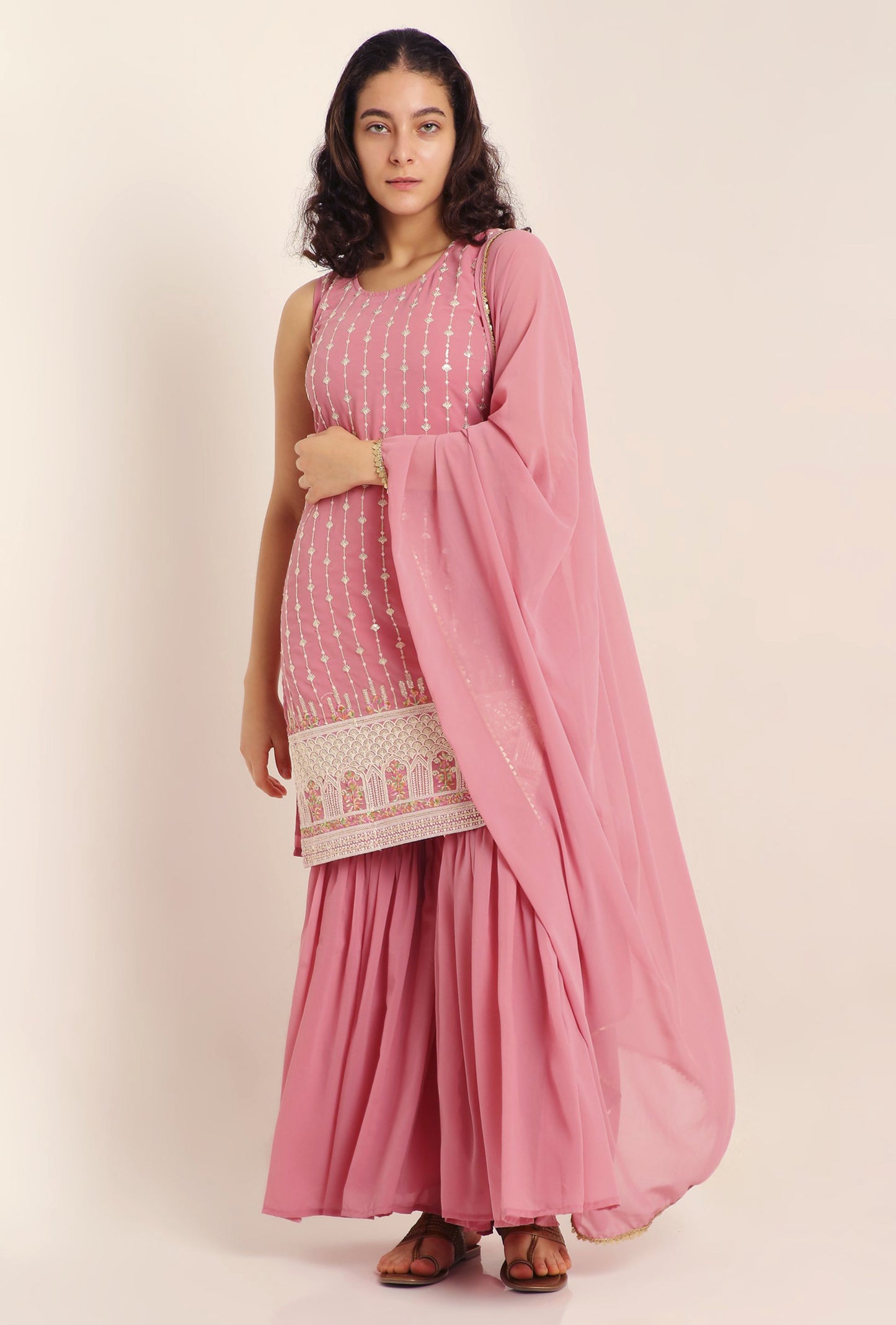 Women's Embroidered Georgette  Kurta and Sharara Set