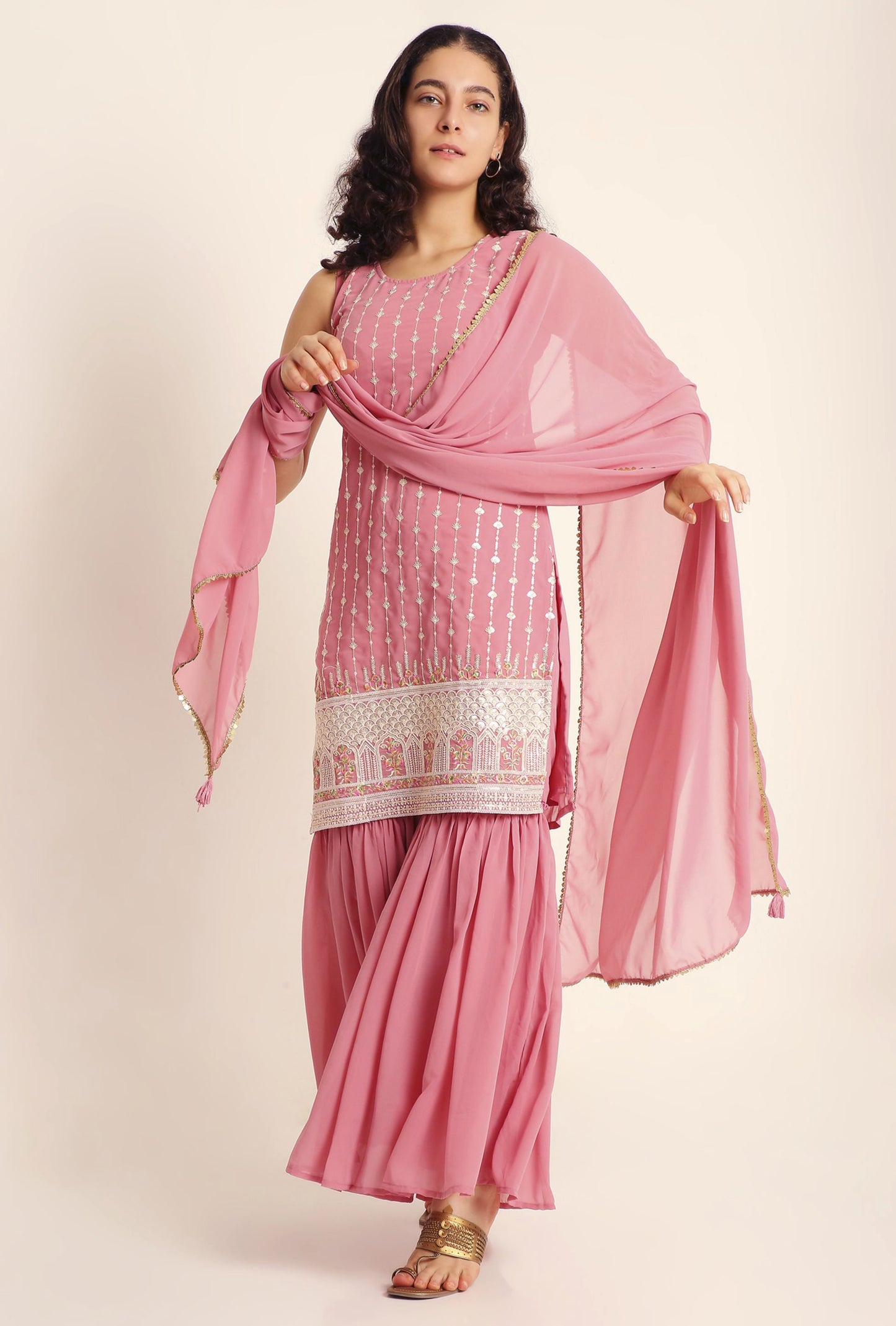 Women's Embroidered Georgette  Kurta and Sharara Set