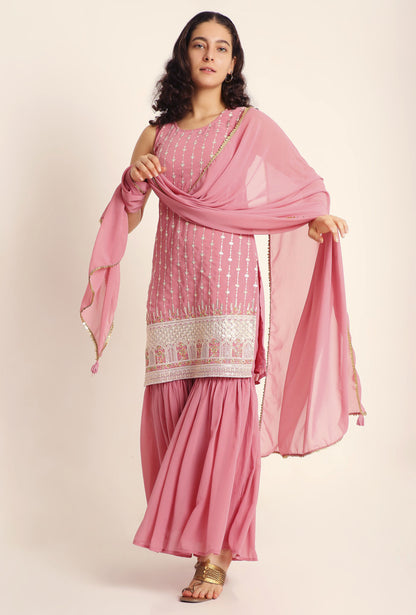 Women's Embroidered Georgette  Kurta and Sharara Set