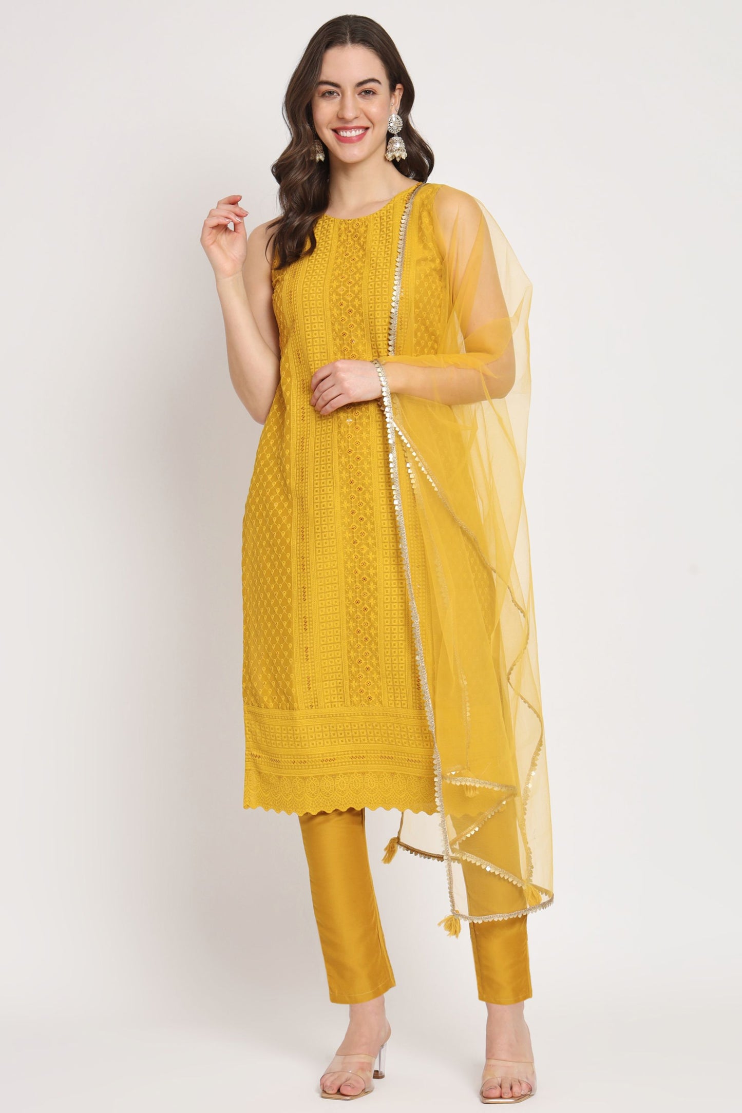 Women's  Embroidered Silk Blend Kurta Pyjama & Dupatta Set