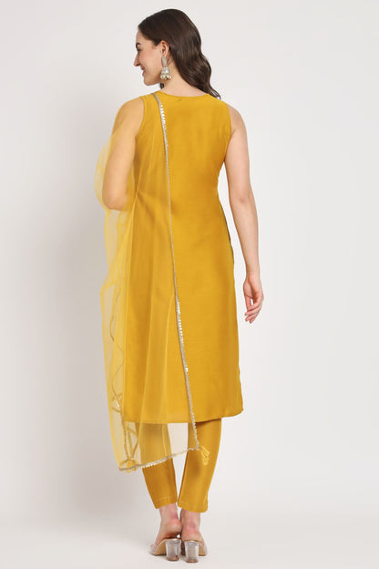 Women's  Embroidered Silk Blend Kurta Pyjama & Dupatta Set