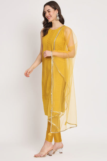 Women's  Embroidered Silk Blend Kurta Pyjama & Dupatta Set