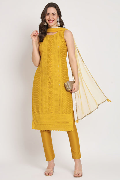 Women's  Embroidered Silk Blend Kurta Pyjama & Dupatta Set