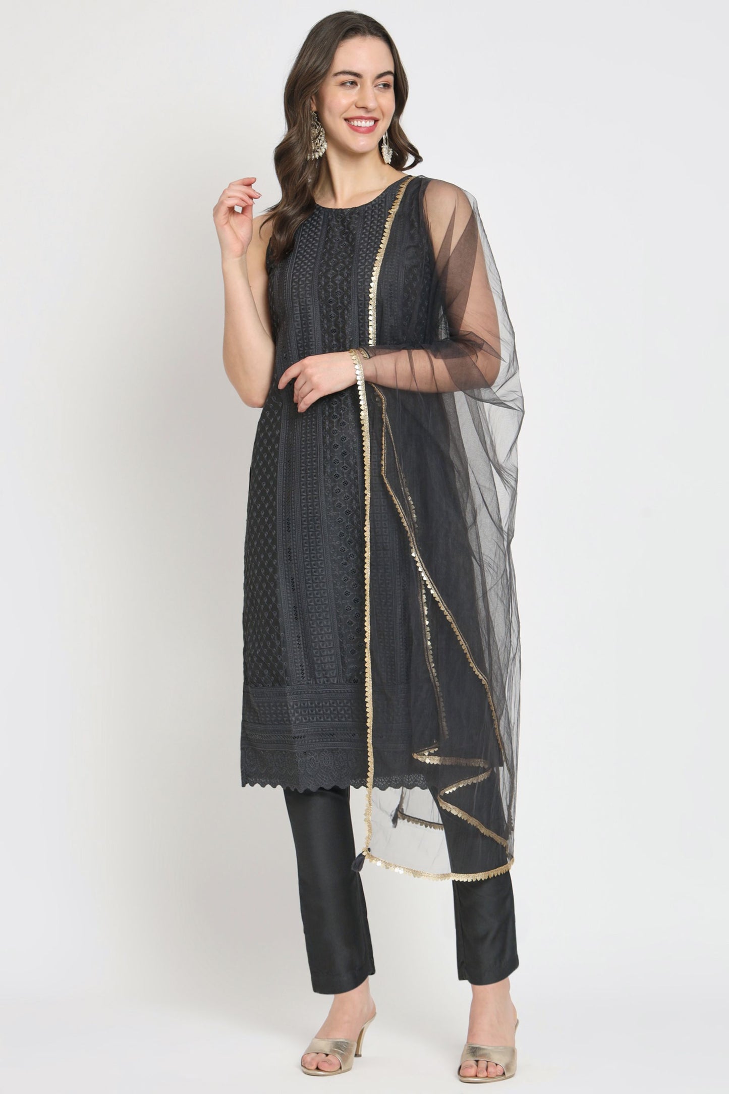 Women's Embroidered Silk Blend  Kurta Pyjama & Dupatta Set