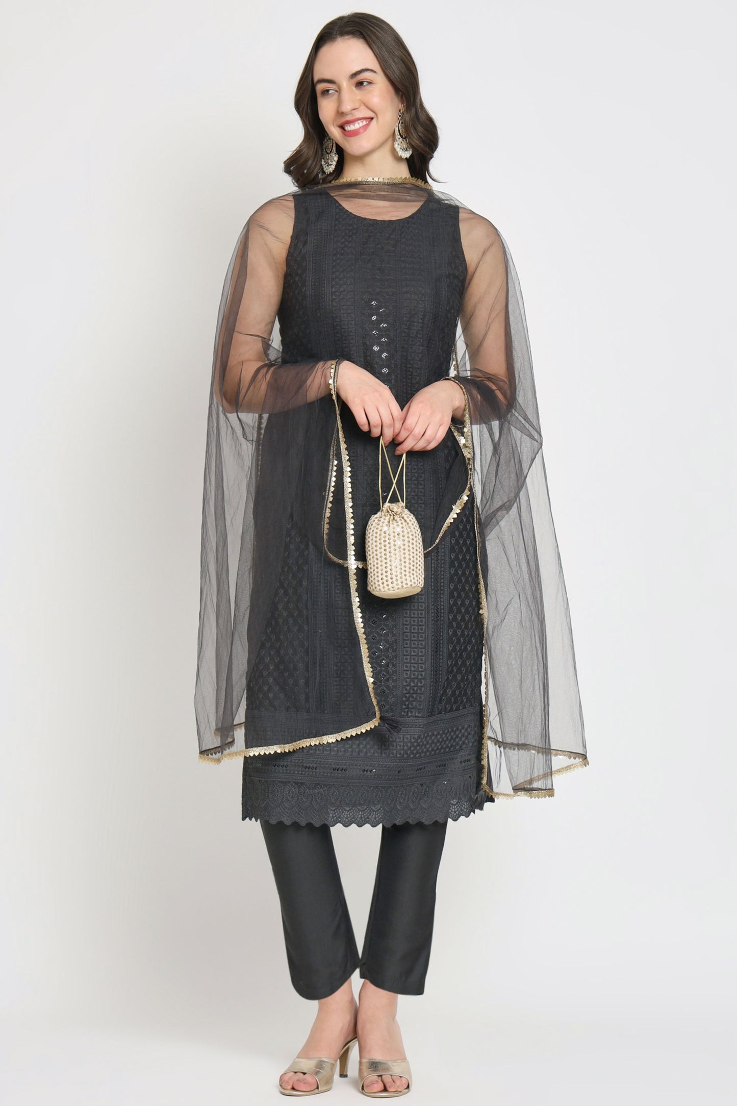 Women's Embroidered Silk Blend  Kurta Pyjama & Dupatta Set