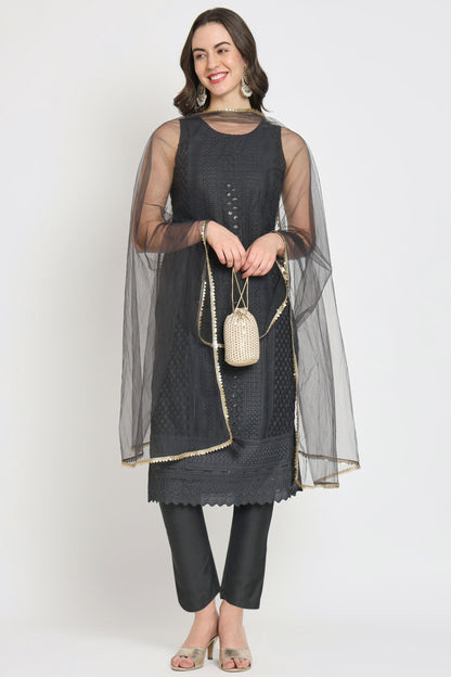 Women's Embroidered Silk Blend  Kurta Pyjama & Dupatta Set