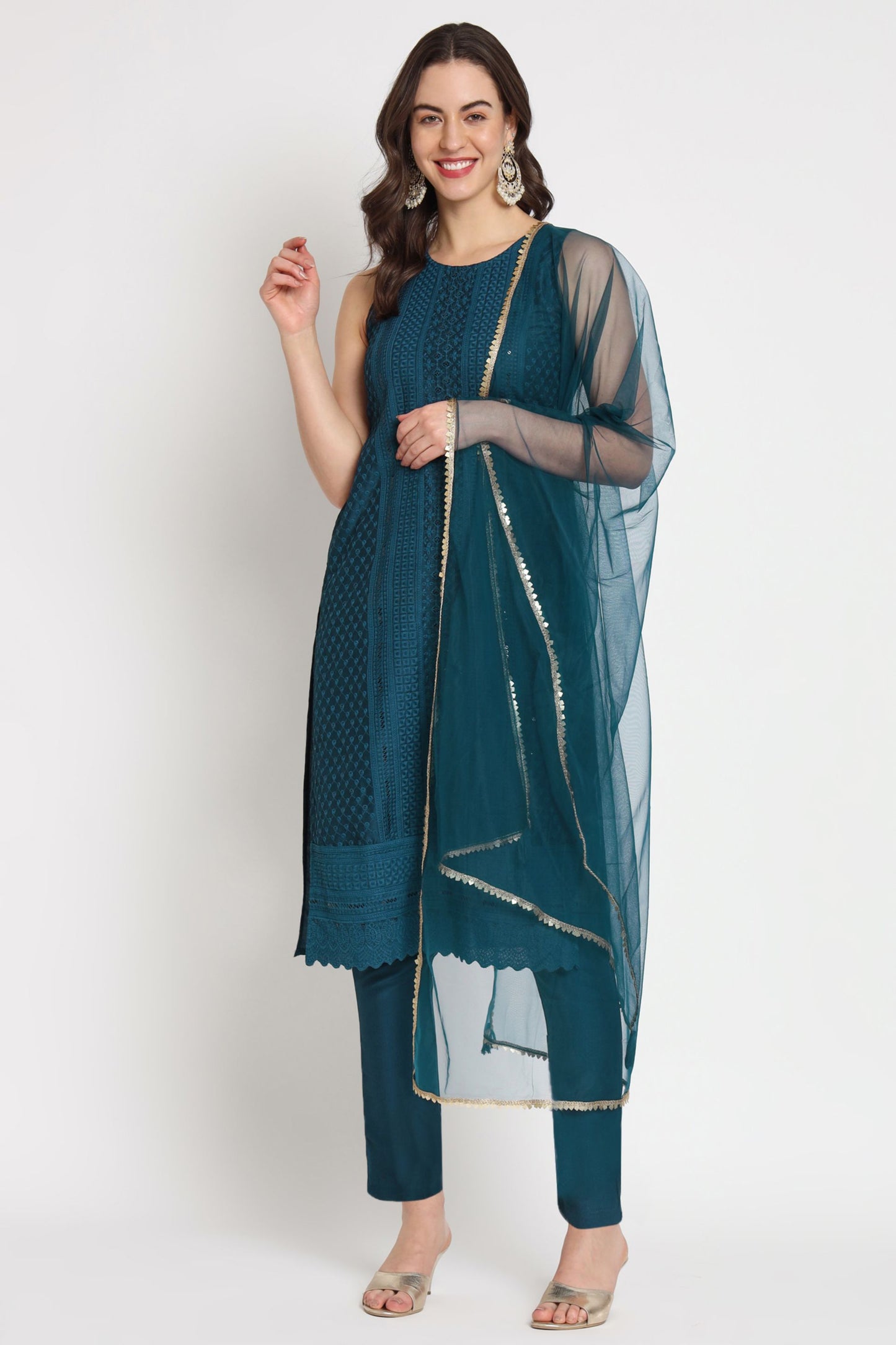 Women's Embroidered Silk Blend Kurta Pyjama & Dupatta Set