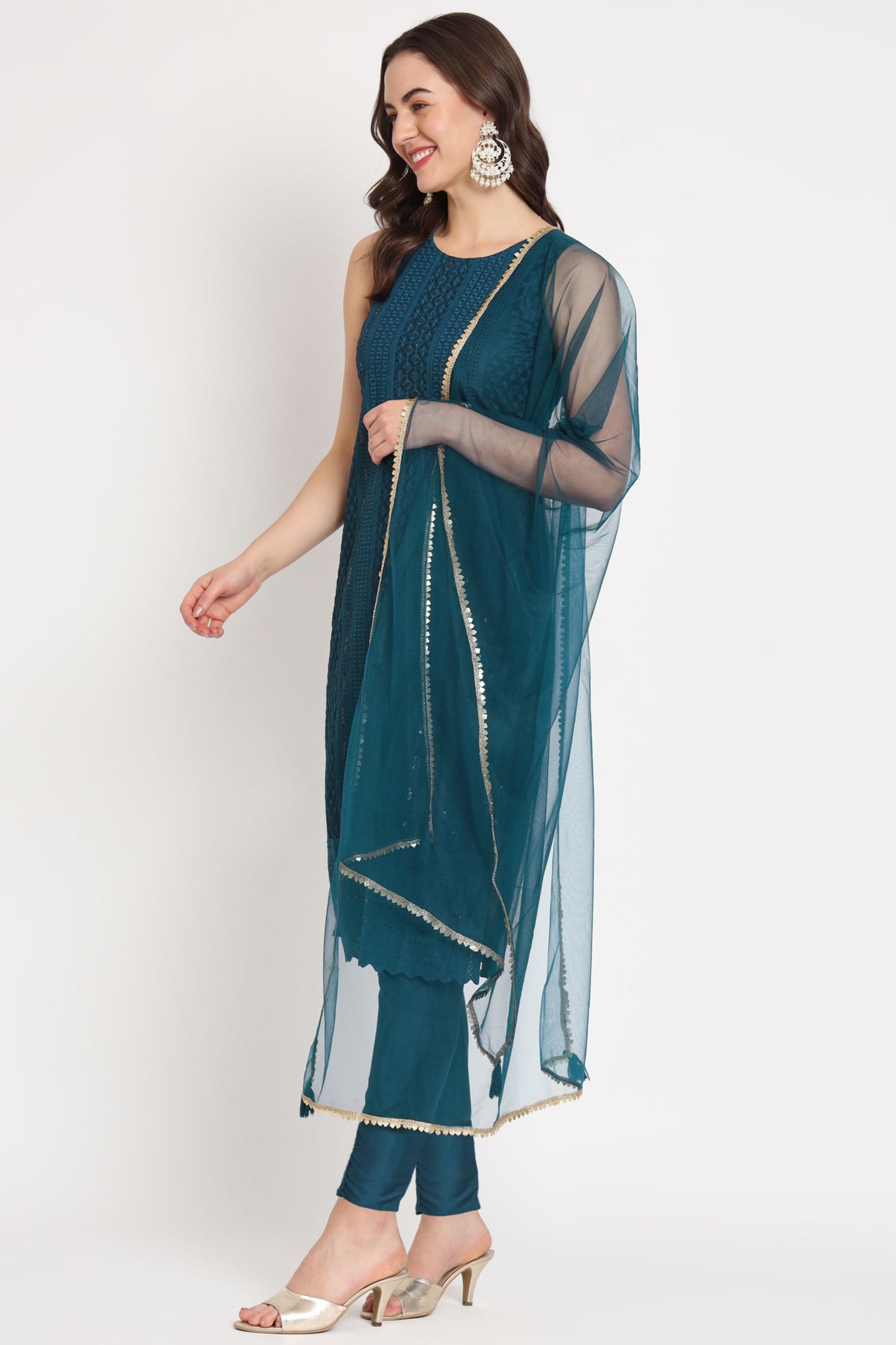 Women's Embroidered Silk Blend Kurta Pyjama & Dupatta Set