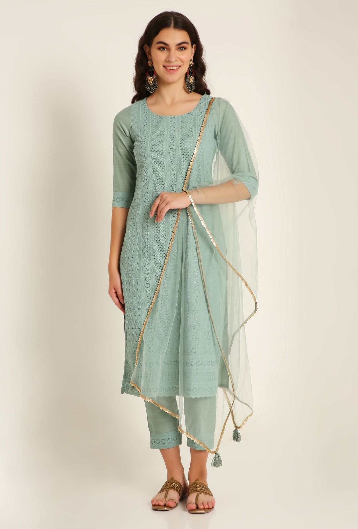 Women's Embroidered Silk Blend Kurta Pyjama & Dupatta Set