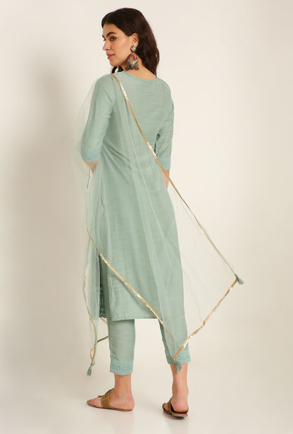 Women's Embroidered Silk Blend Kurta Pyjama & Dupatta Set