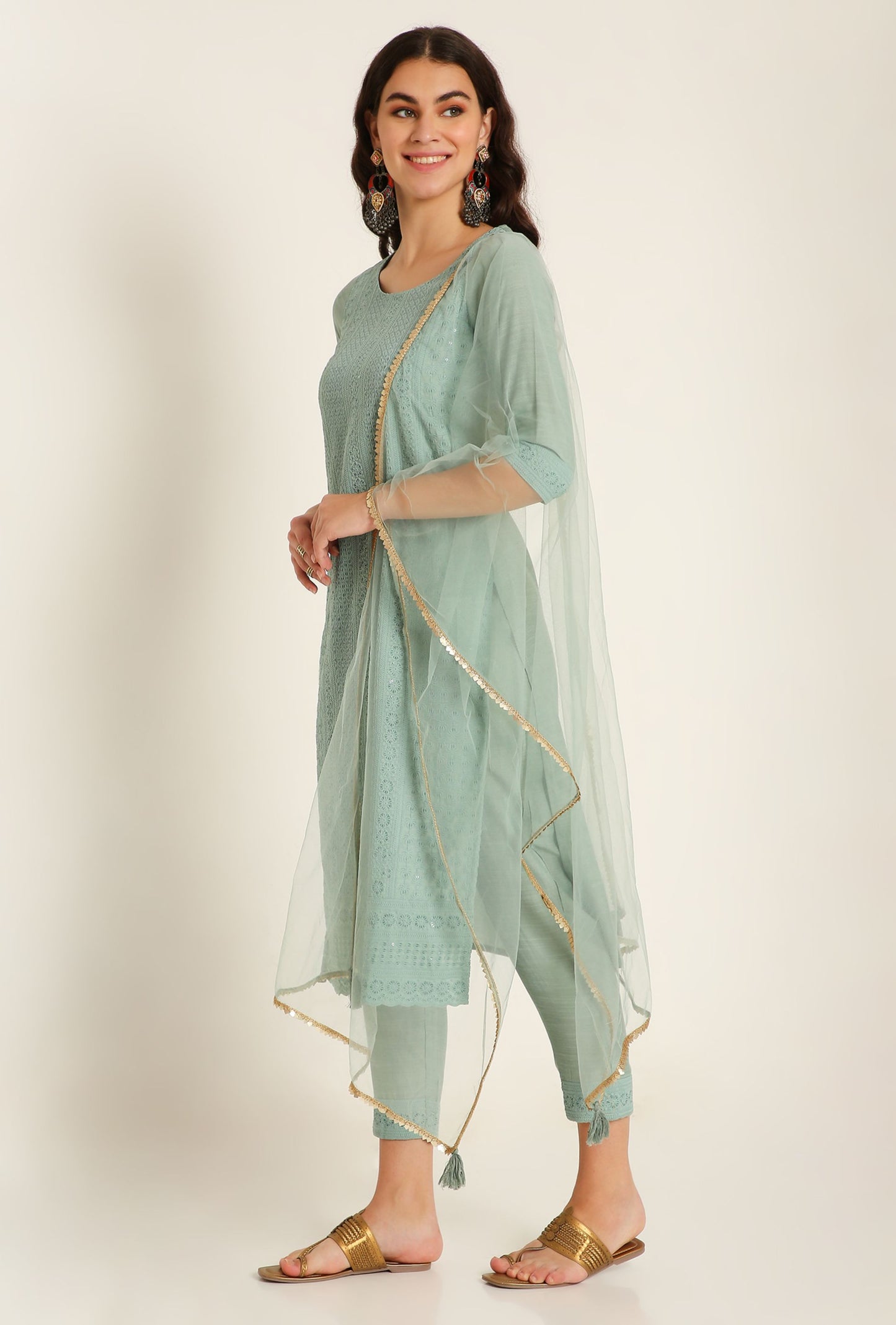 Women's Embroidered Silk Blend Kurta Pyjama & Dupatta Set