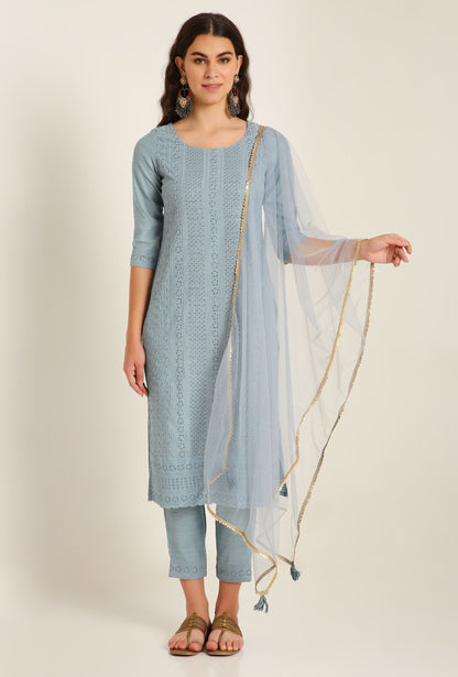 Women's Embroidered Silk Blend Kurta Pyjama & Dupatta Set