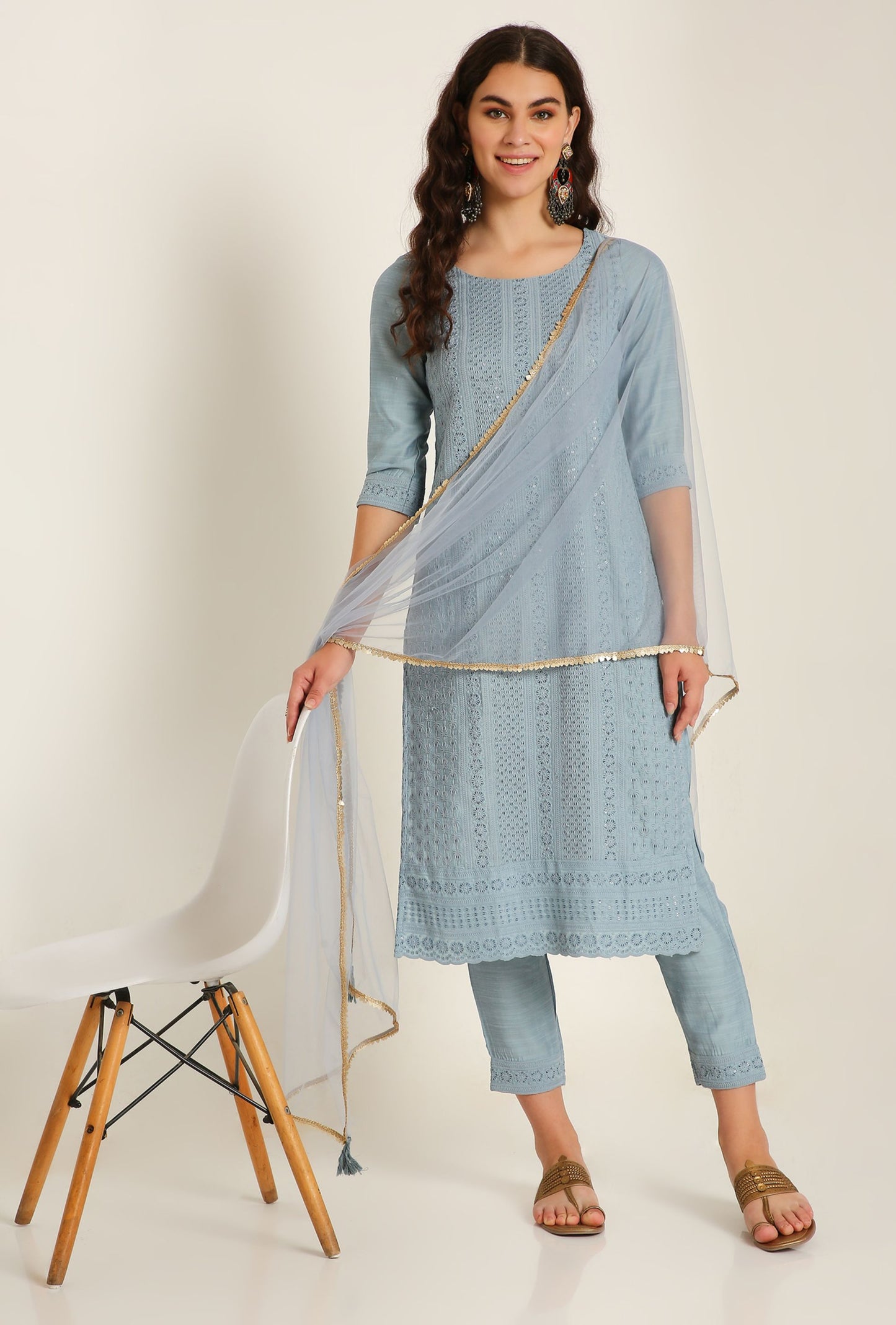 Women's Embroidered Silk Blend Kurta Pyjama & Dupatta Set