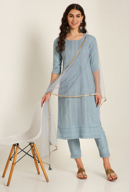 Women's Embroidered Silk Blend Kurta Pyjama & Dupatta Set