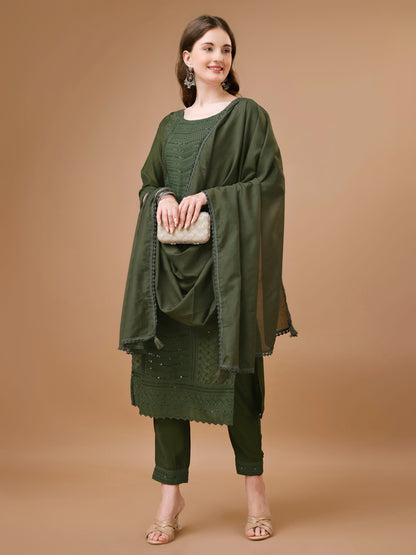 Women's Embroidered Silk Blend Kurta Pyjama & Dupatta Set