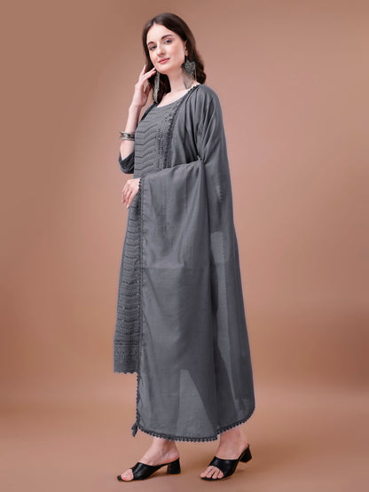 Women's Embroidered Silk Blend Kurta Pyjama & Dupatta Set