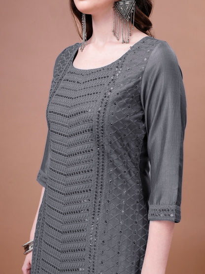 Women's Embroidered Silk Blend Kurta Pyjama & Dupatta Set